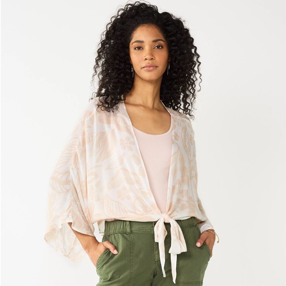 NWT Sonoma Goods For Life Washed Tie Front Topper Kimono Small White Tan OS - Picture 6 of 6